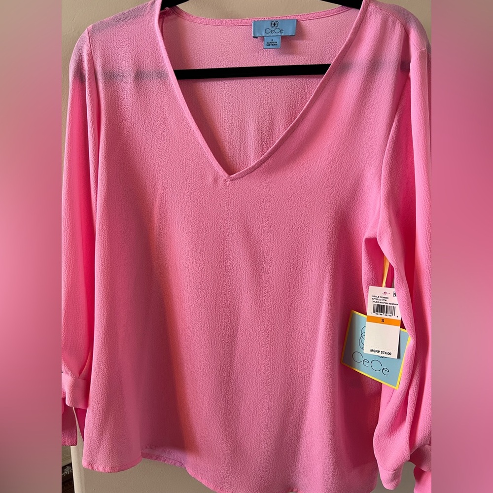 CeCe Women's Vibrant Pink V-Neck Blouse NWT